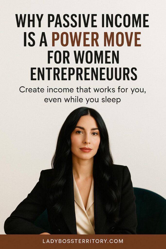Confident woman entrepreneur in a black blazer sitting at a desk, representing the power of passive income strategies for women.