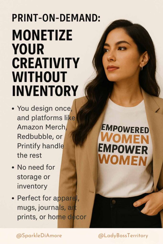 Stylish female entrepreneur wearing a “Empowered Women Empower Women” t-shirt, highlighting print-on-demand as a passive income strategy.