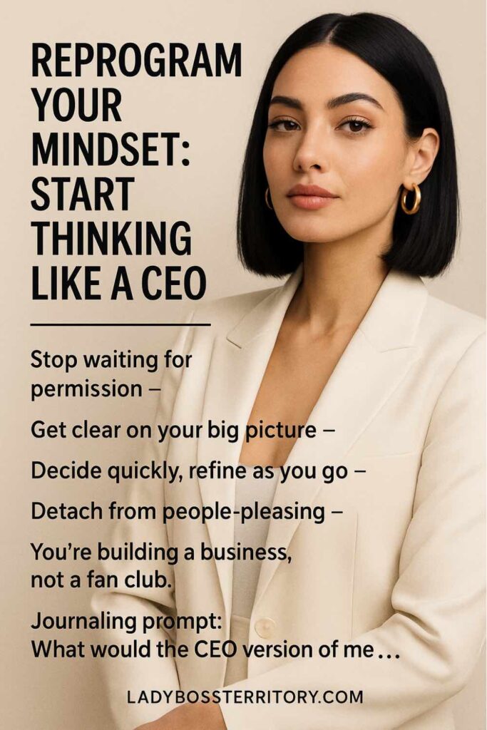 Confident female entrepreneur in cream blazer, offering mindset reprogramming tips to think and act like a CEO.