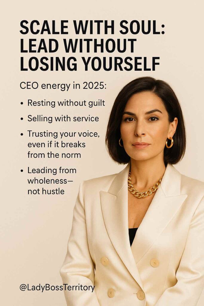 Confident female entrepreneur in a cream suit jacket with bold gold jewelry, promoting soulful leadership strategies for female CEOs in 2025.