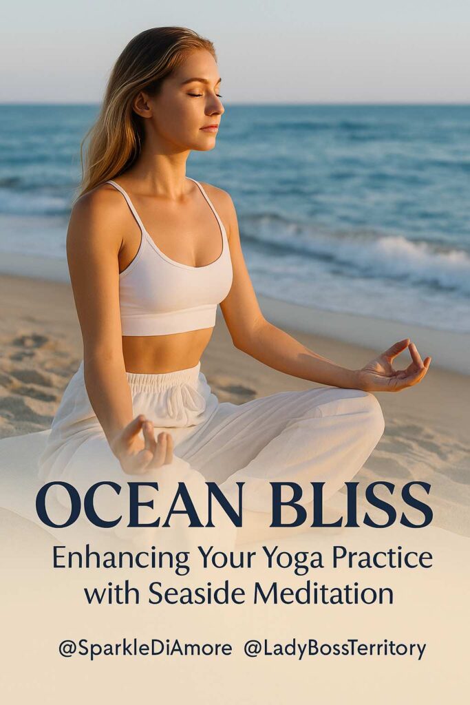 Woman practicing yoga by the ocean during sunrise, embodying peace and mindfulness in a serene coastal setting.