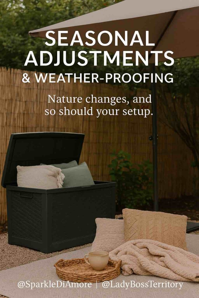 Outdoor meditation space with storage box, throw blankets, and cozy pillows for seasonal adjustment and weather protection.