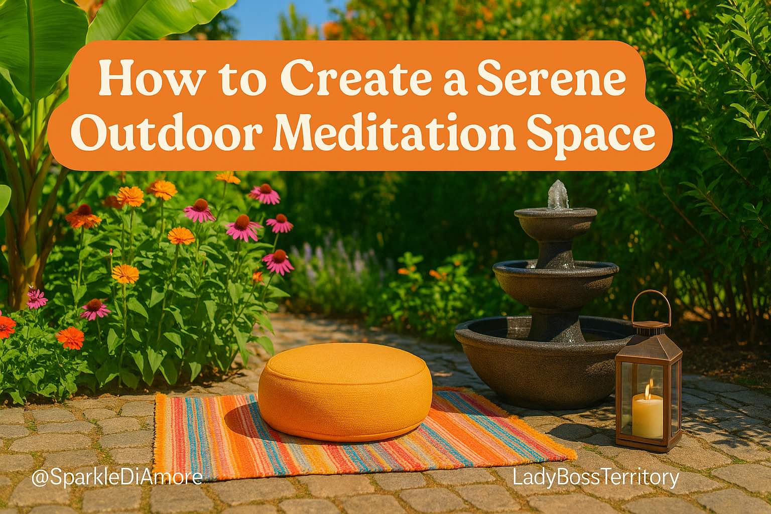 Peaceful outdoor meditation space with cushion, colorful mat, water fountain, lantern, and blooming flowers in a garden.