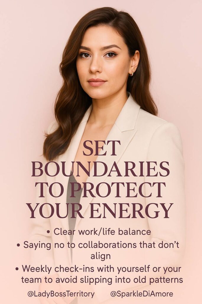 Confident woman in neutral blazer with wellness tips for setting boundaries — promoting energy protection and balance after burnout.