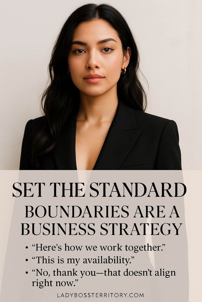 Confident female entrepreneur in a black blazer, emphasizing the importance of boundaries as a business strategy for women leaders.