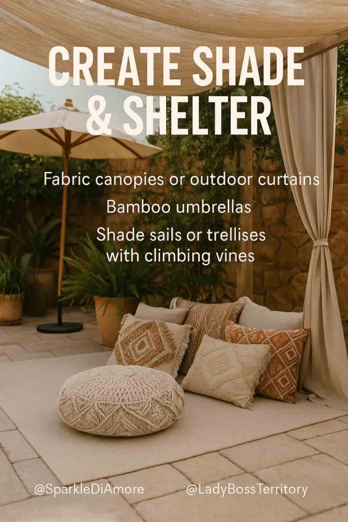 Outdoor meditation nook with a cozy cushion, decorative pillows, canopy curtains, and bamboo umbrellas providing shade and shelter.