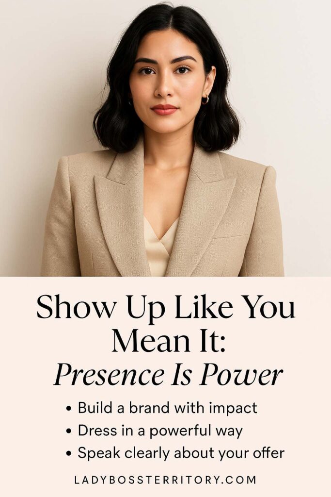 Confident female entrepreneur in a tan blazer, emphasizing presence and power through personal branding and clear communication.