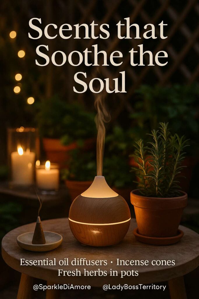Outdoor meditation setup with an essential oil diffuser, incense cone, potted herbs, and candles to create a calming aromatic space.