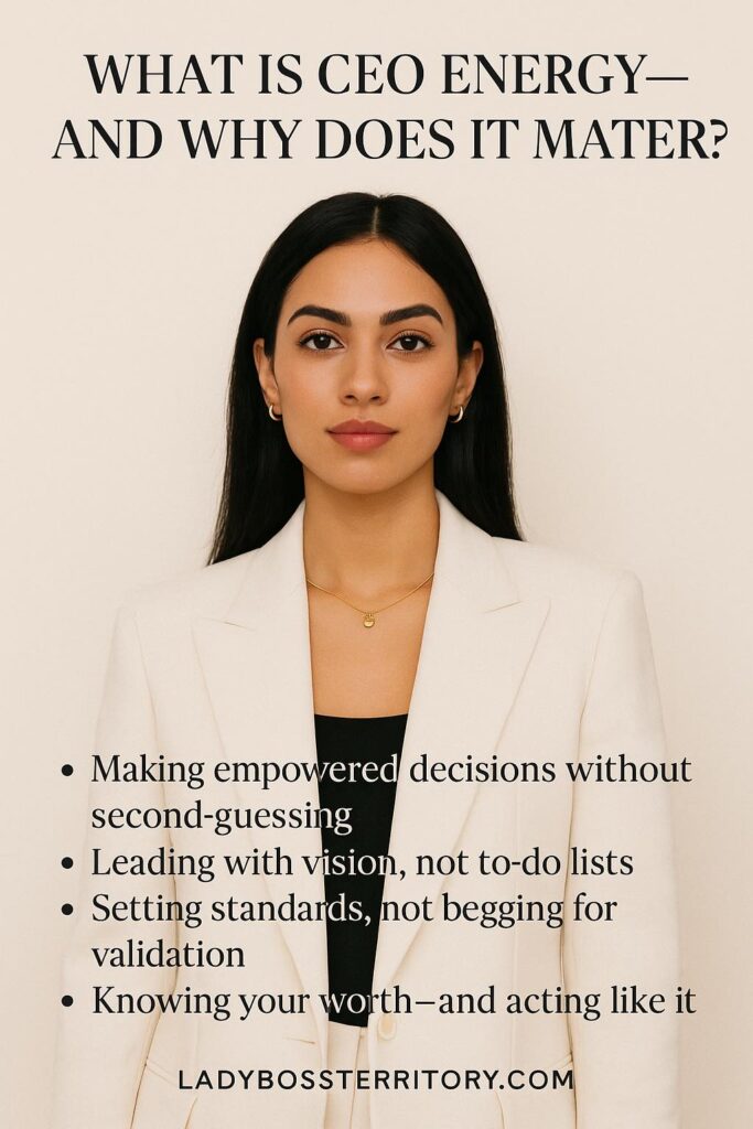 Confident woman in a white blazer, outlining the key elements of CEO energy for female entrepreneurs.