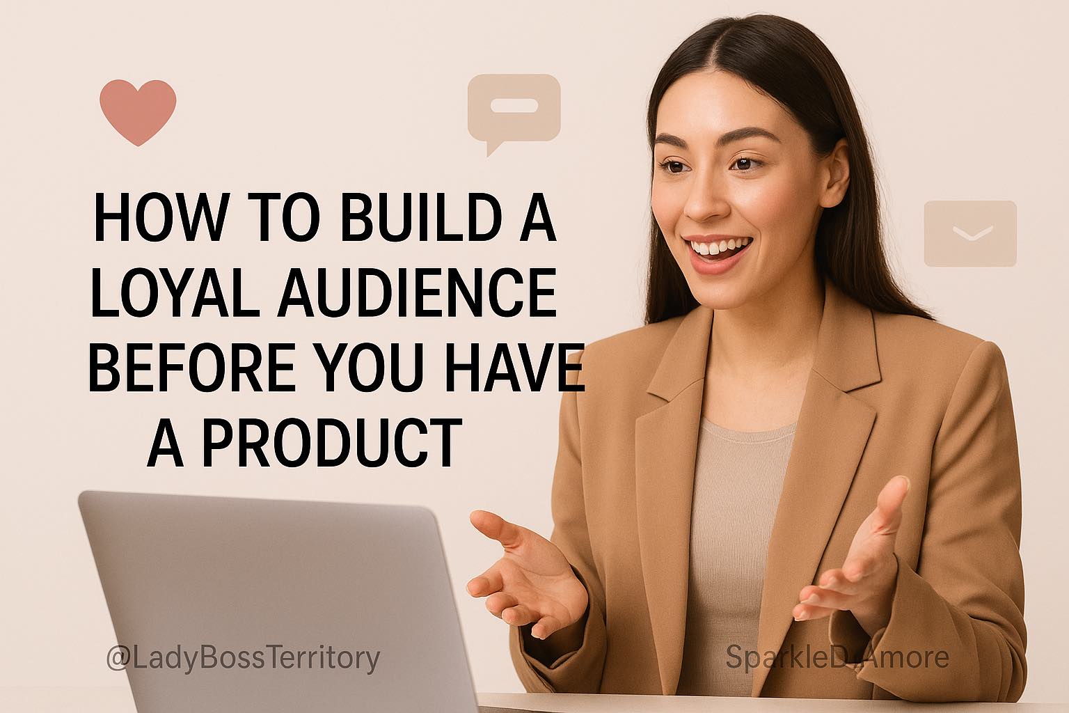 Smiling female entrepreneur in blazer speaking on video call about building an audience before product launch