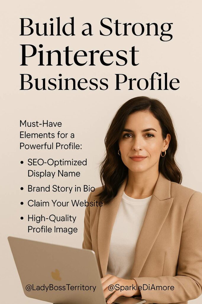 Confident woman creating Pinterest business profile on laptop with branding tips in background