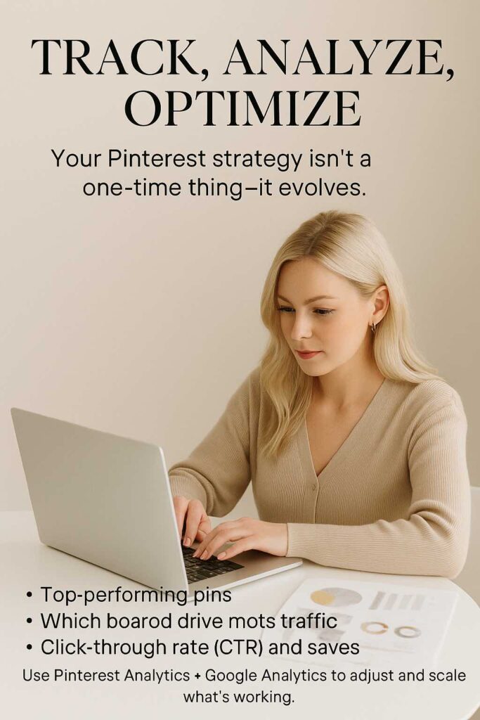Woman analyzing Pinterest strategy and marketing analytics on laptop with charts and graphs