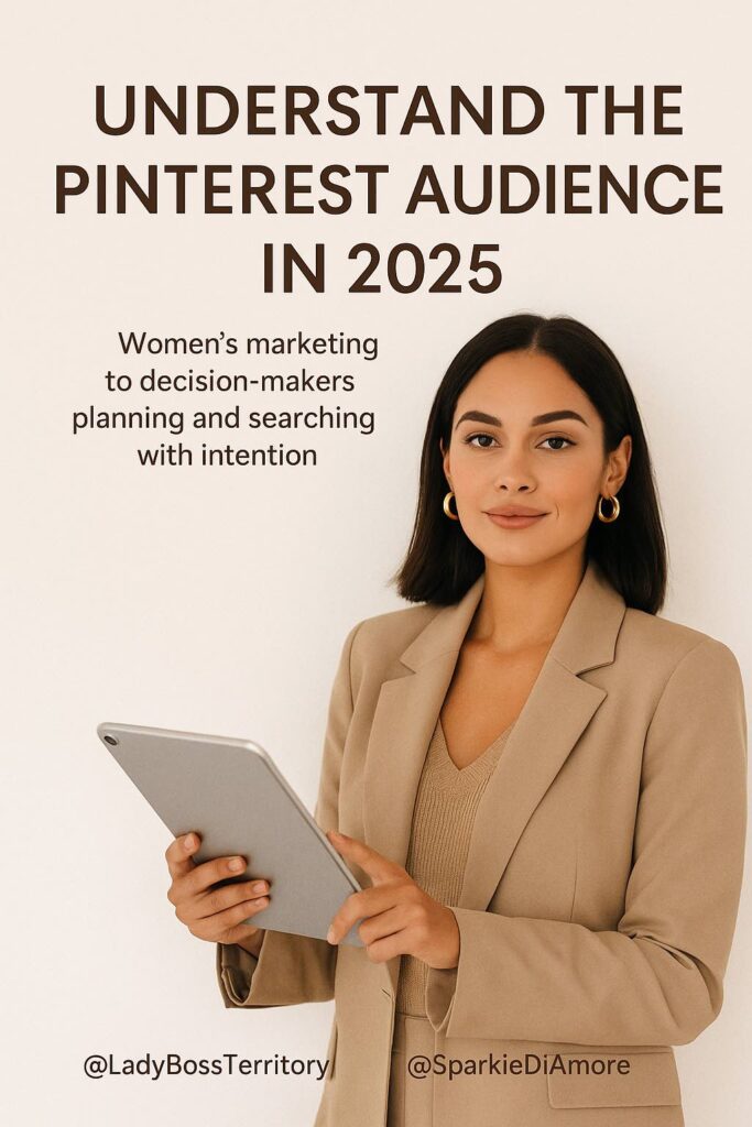 Female entrepreneur using tablet to analyze Pinterest audience trends for 2025 marketing
