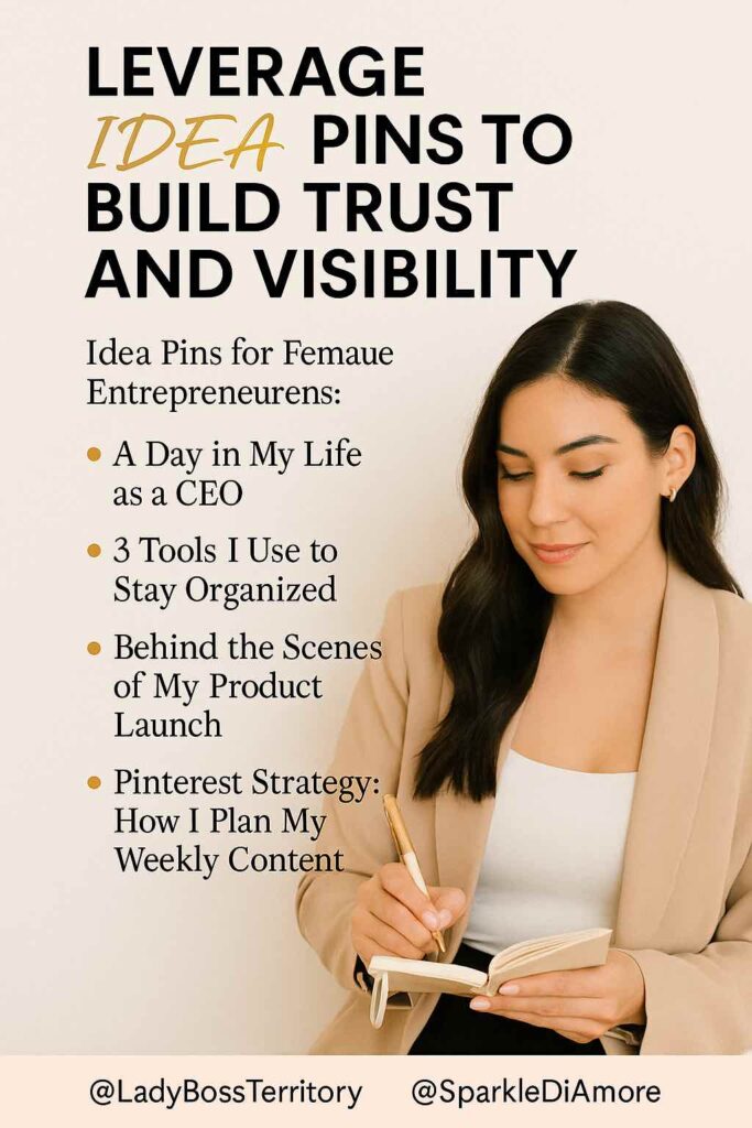 Female entrepreneur planning Pinterest Idea Pins content strategy with notebook and phone