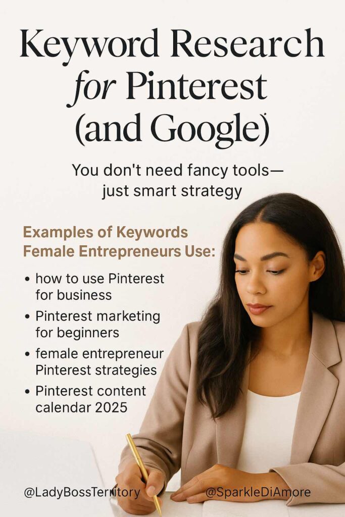 Female entrepreneur writing Pinterest keyword ideas for business strategy in 2025