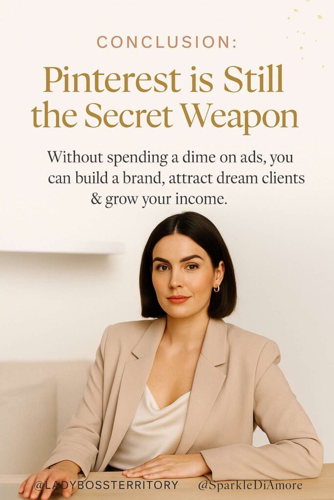 Confident female entrepreneur in beige blazer highlighting Pinterest as a powerful marketing tool for 2025
