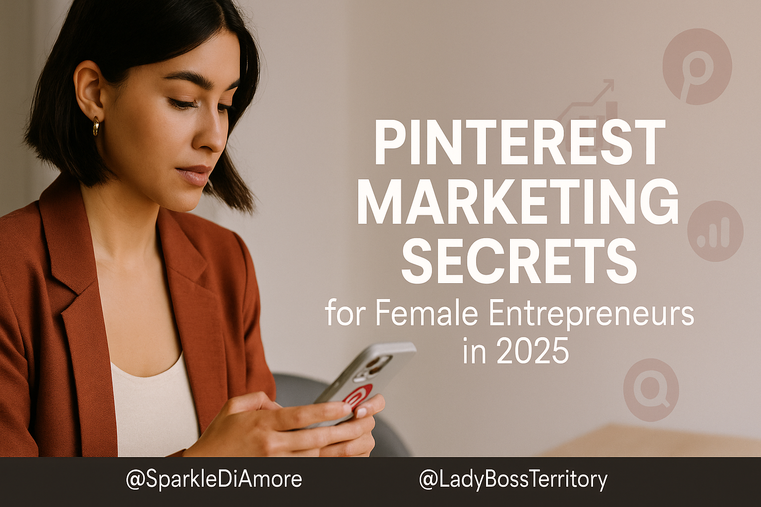 Woman using phone with Pinterest logo, highlighting Pinterest marketing tips for female entrepreneurs in 2025