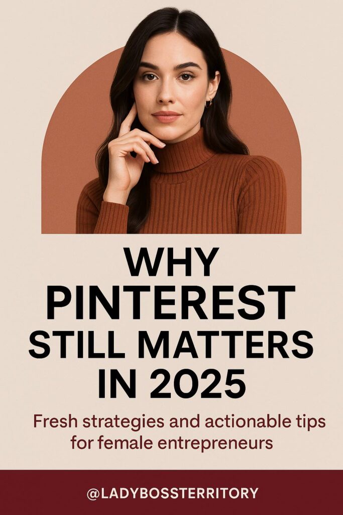 Female entrepreneur in rust turtleneck showcasing Pinterest marketing strategies for 2025