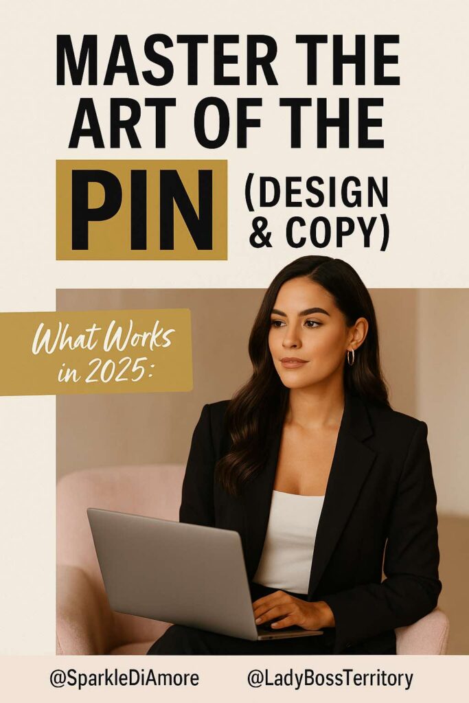Female entrepreneur in black blazer using laptop to master Pinterest pin design and copy in 2025
