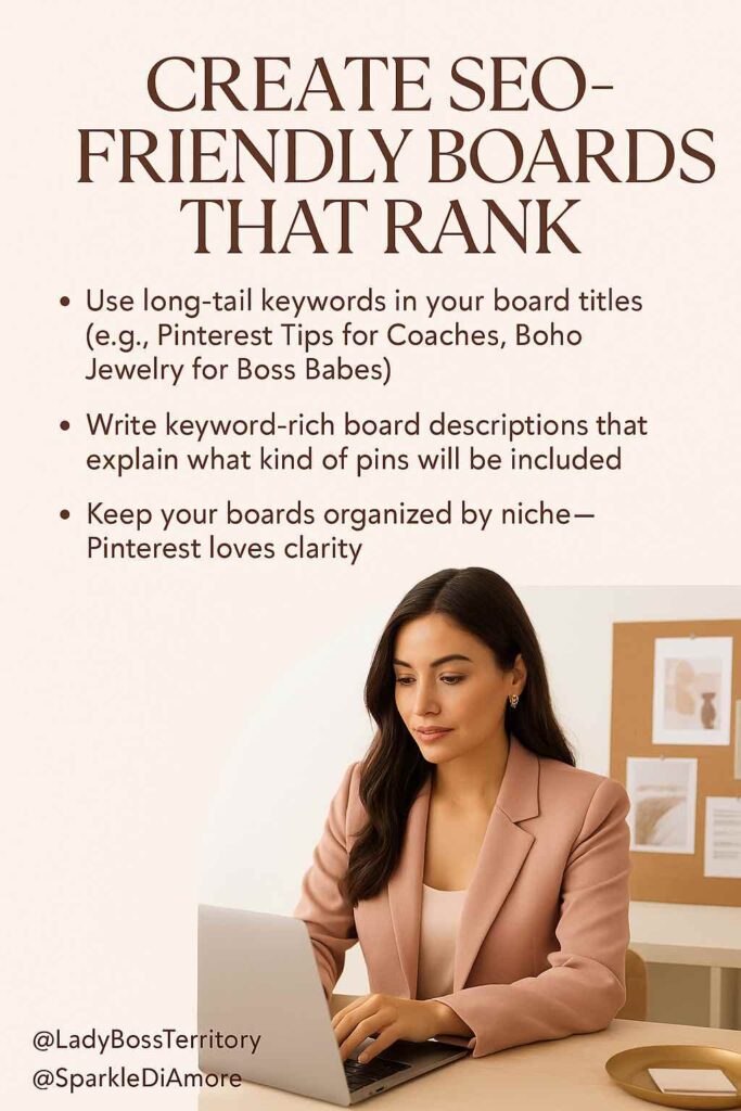 Woman in blush blazer working on laptop creating Pinterest boards with SEO strategies in background