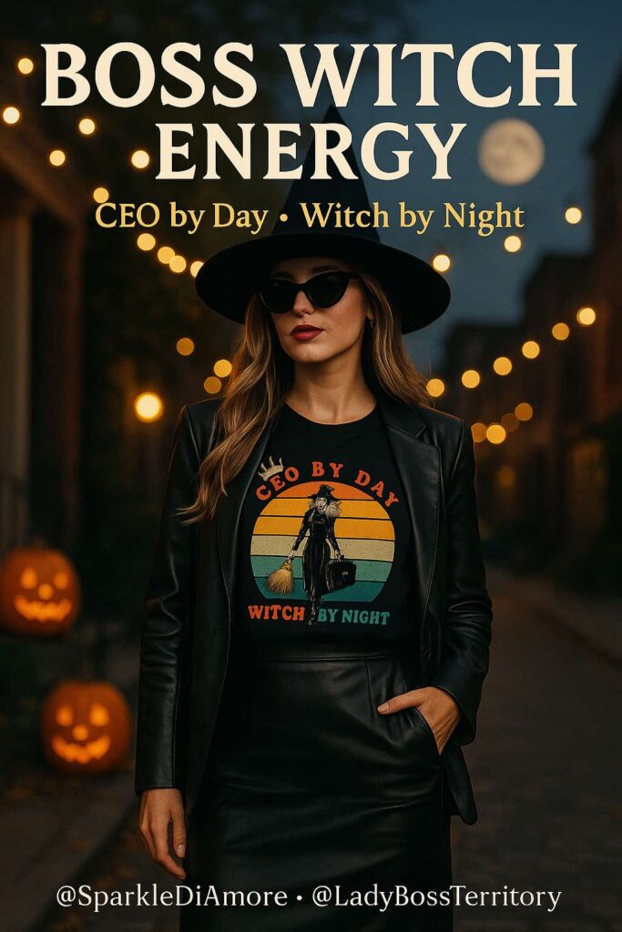 A stylish woman wearing the “CEO by Day, Witch by Night” Halloween shirt paired with a black leather skirt and blazer, standing on a street decorated with pumpkins and glowing string lights.