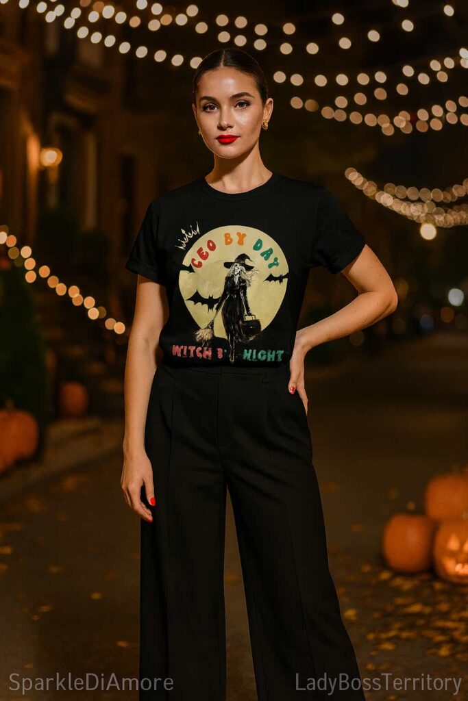 Chic woman wearing the “CEO by Day, Witch by Night” Halloween shirt with wide-leg pants, red nails, and a slick bun, styled on a pumpkin-lit street for fall fashion.