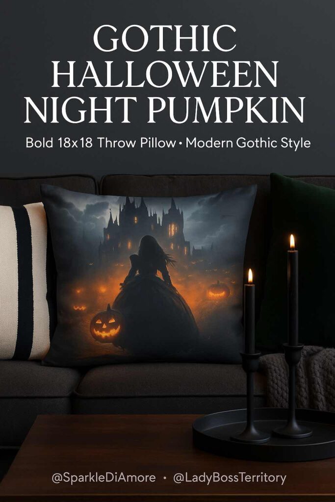 The “Gothic Halloween Night Pumpkin” pillow with glowing jack-o’-lanterns and a gothic castle design, styled on a moody sofa with tuxedo-striped accent pillows and matte-black candle holders.