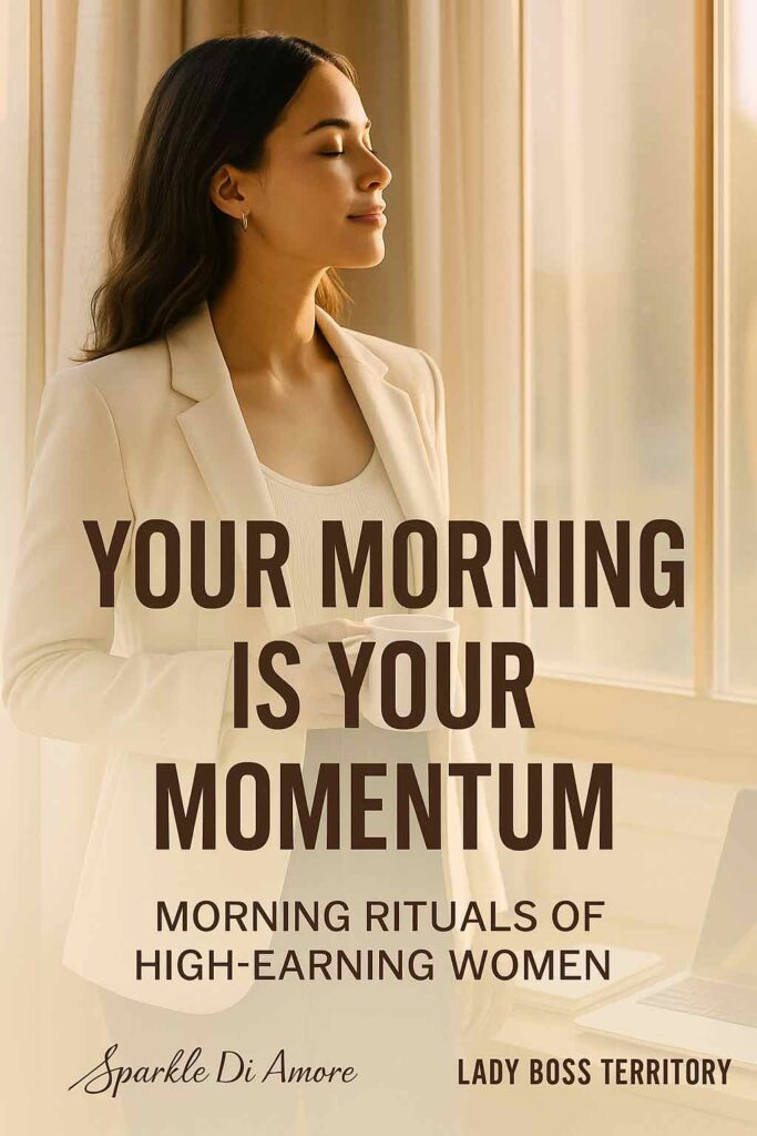 Chic Pinterest pin of a confident woman starting her morning with intention, representing morning rituals of successful women.