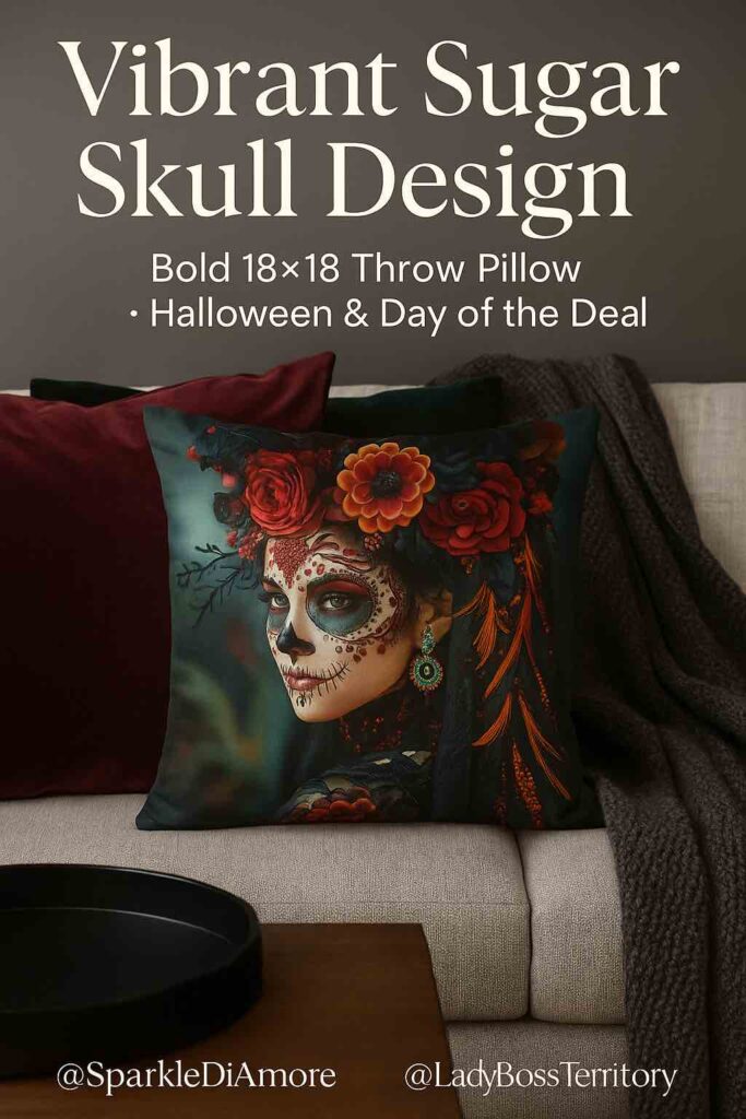A vibrant Sugar Skull design throw pillow styled on a sofa with velvet oxblood and emerald pillows, a charcoal knit throw, and a black tray on the coffee table for a chic Halloween look.