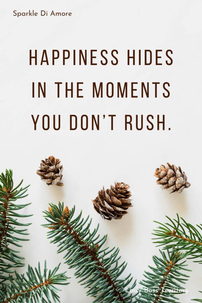 Minimalist winter-themed image with pine branches and pinecones on a clean white background, featuring the quote: “Happiness hides in the moments you don’t rush.”
