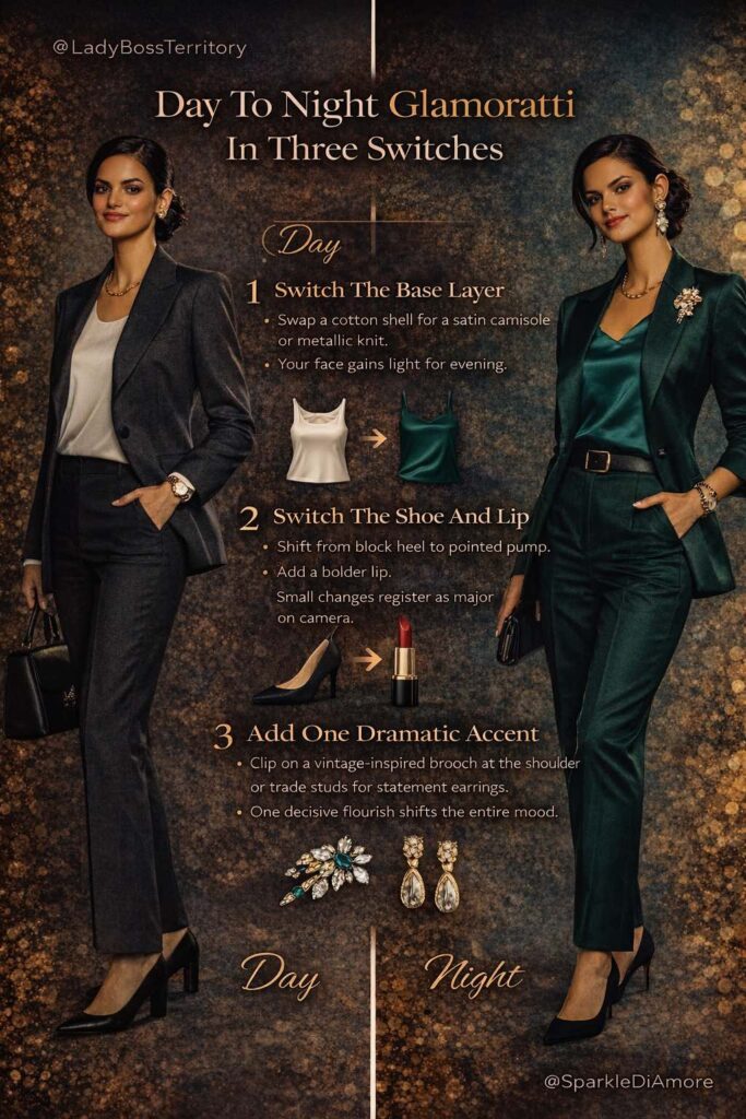 Infographic showing how to take a Glamoratti look from day to night in three switches swap base layer to satin, change shoe and lip, add a dramatic accent