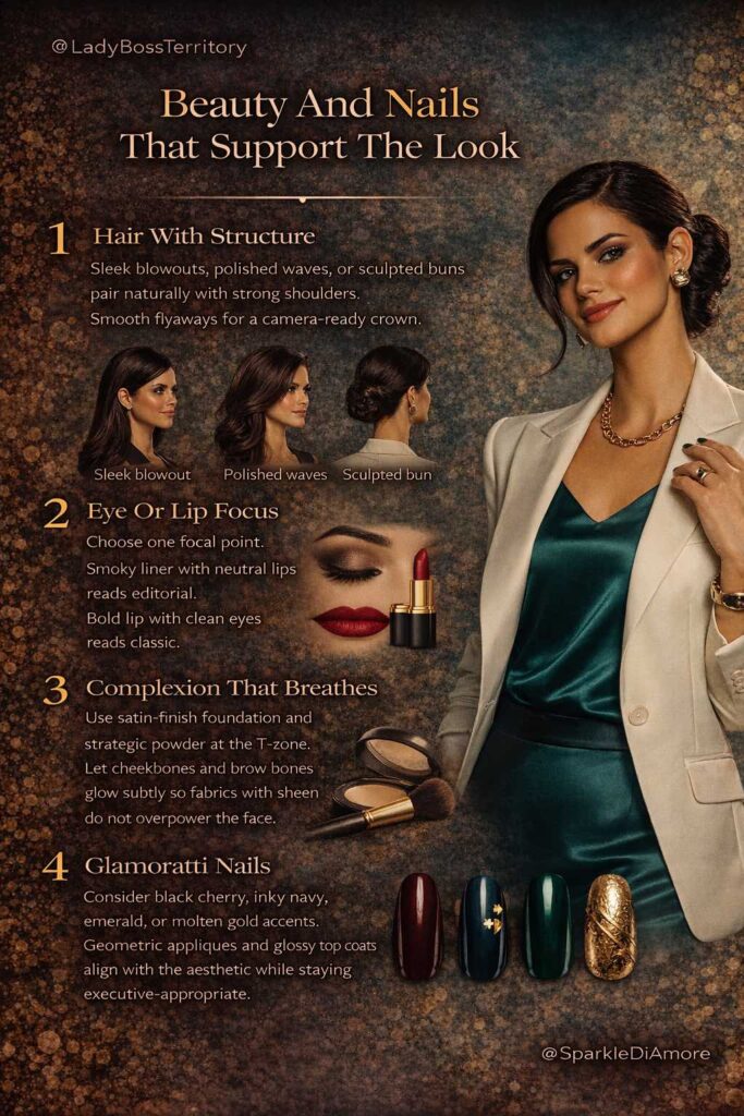 Infographic with four Glamoratti beauty tips for work hair with structure eye or lip focus breathable satin finish complexion and elegant nails in black cherry navy emerald and gold