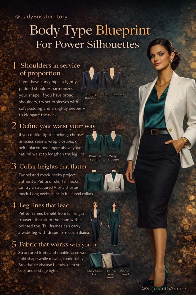 Vertical infographic titled Body Type Blueprint for Power Silhouettes showing tips on shoulders waist definition collar heights leg lines and fabric choices with a professional woman in a white blazer and teal blouse