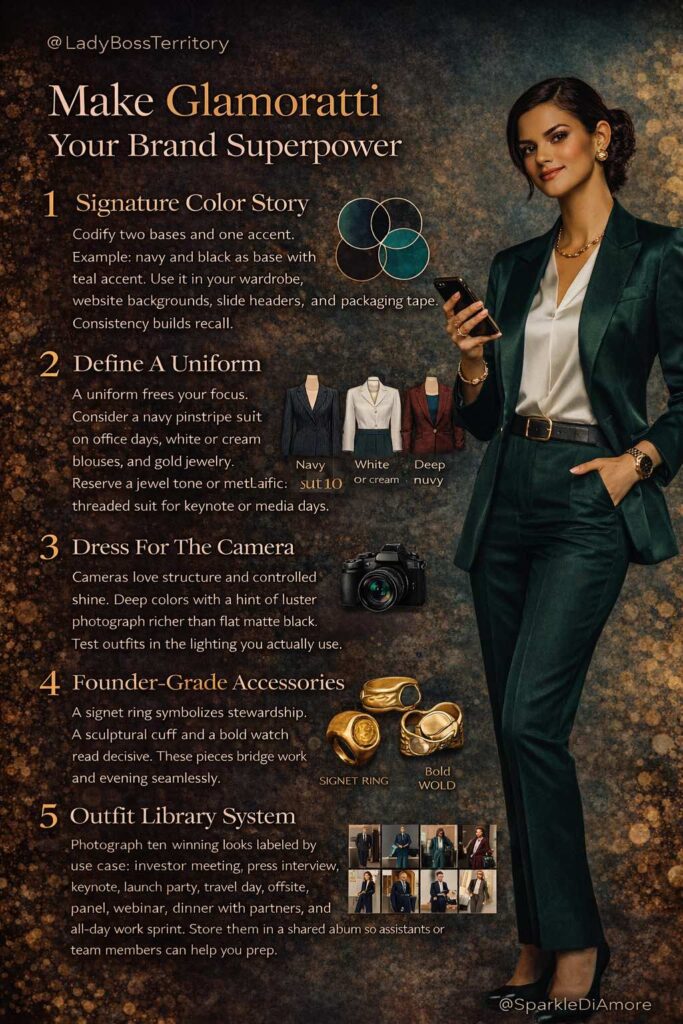 Infographic explaining how to make Glamoratti your brand superpower with steps on signature color story uniform camera friendly styling founder grade accessories and an outfit library system
