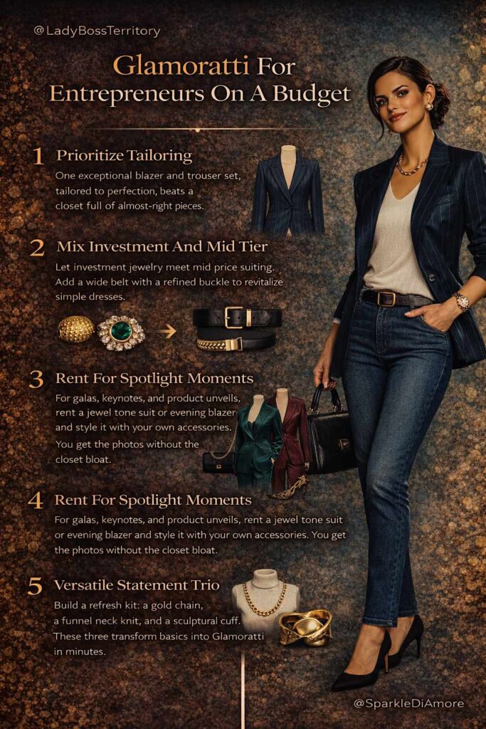 Infographic with four budget Glamoratti tips prioritize tailoring, mix investment and mid tier pieces, rent for spotlight moments, and use a versatile statement trio to elevate basics