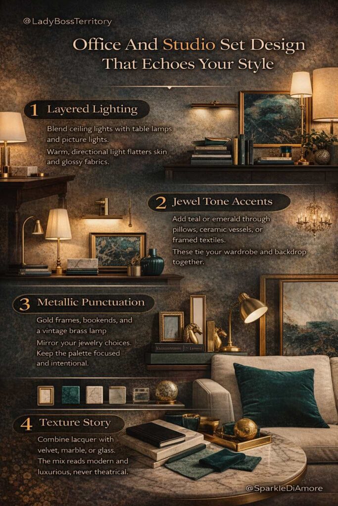 Infographic on office and studio set design with layered lighting, jewel tone accents, metallic details, and mixed textures to create a modern luxurious backdrop