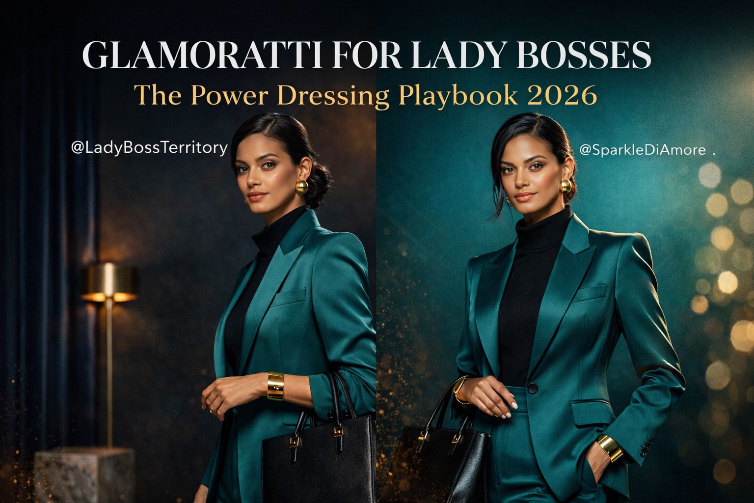 Confident woman in teal power suit with gold jewelry showcasing Glamoratti power dressing in a luxe office setting