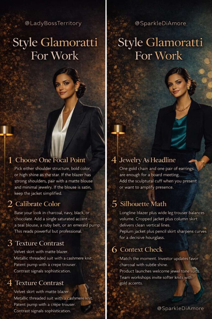 Two panel infographic showing six steps to style Glamoratti for work with a charcoal blazer look and a teal blouse velvet skirt look highlighting focal point color calibration texture contrast jewelry silhouette and context tips