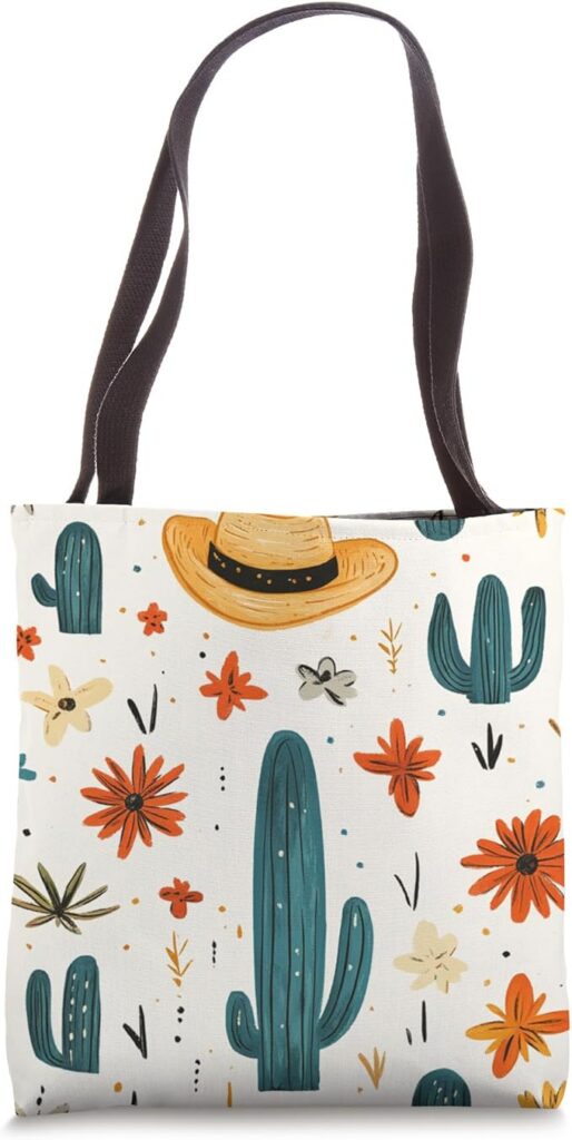 Classic western art tote bag featuring cactus illustrations, floral accents, and a southwestern-inspired pattern