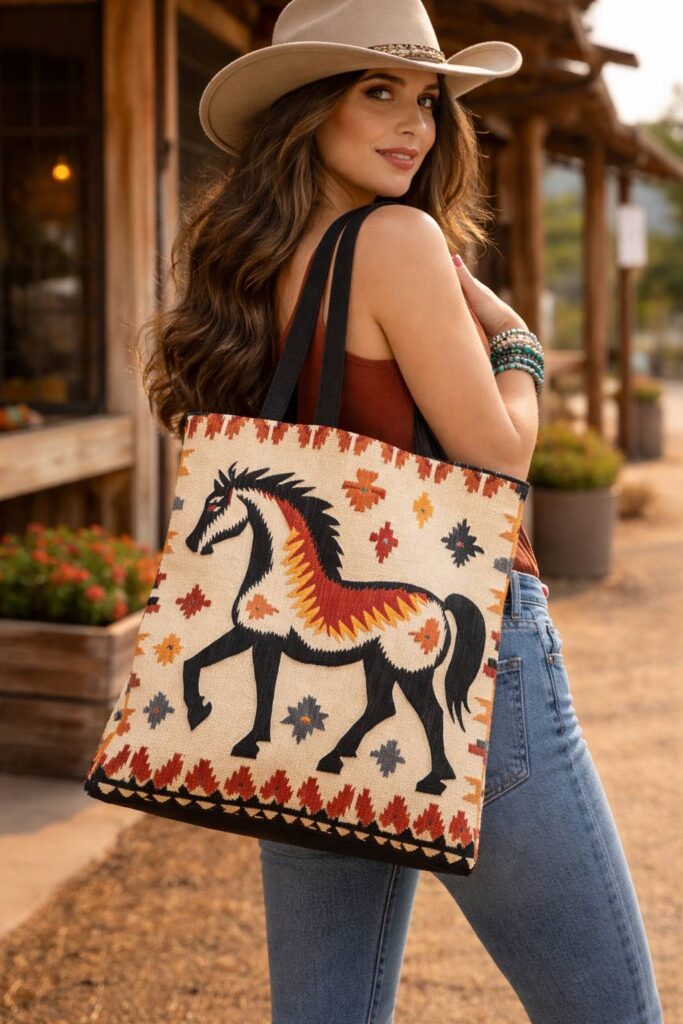 woman wearing a tribal horse western tote bag styled with a cowboy hat and casual western outfit outdoors