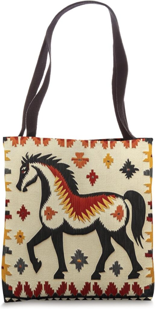tribal horse western tote bag featuring a bold southwestern pattern with a black horse and geometric tribal motifs
