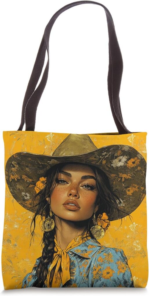 Western cowgirl portrait tote bag featuring a vibrant floral western design for confident women