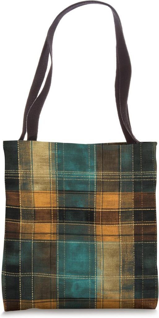 Western-inspired artistic tote bag with teal and brown plaid pattern and black straps
