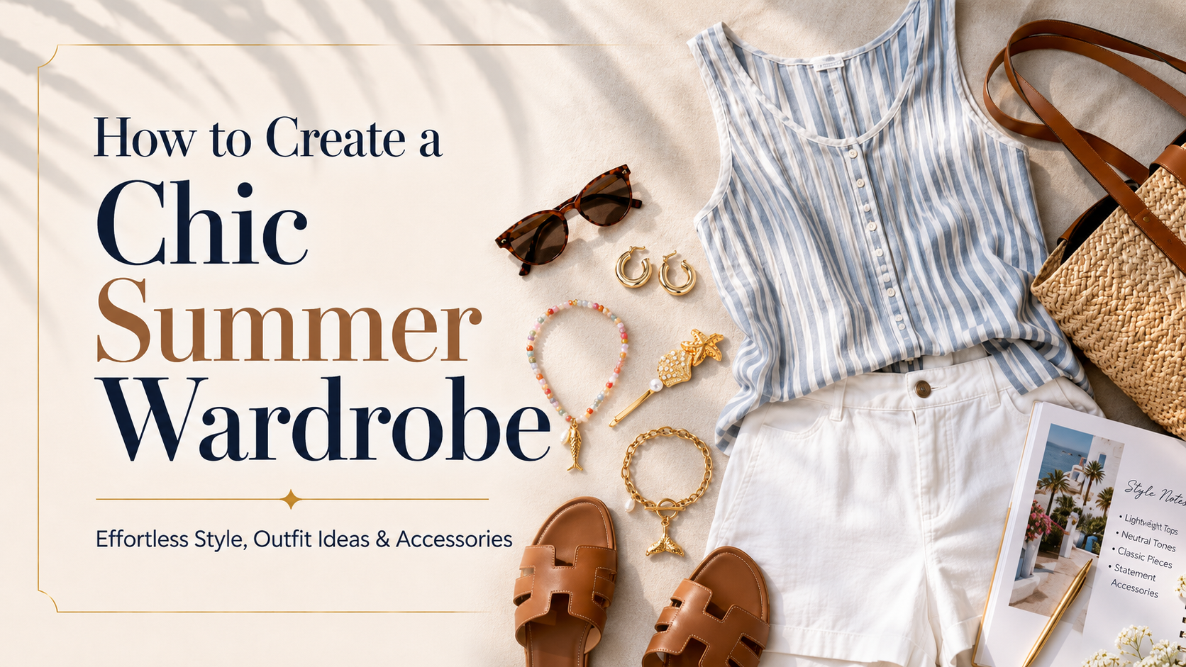 How to create a chic summer wardrobe with a striped top, white shorts, gold jewelry, tote bag, sandals, and summer accessories