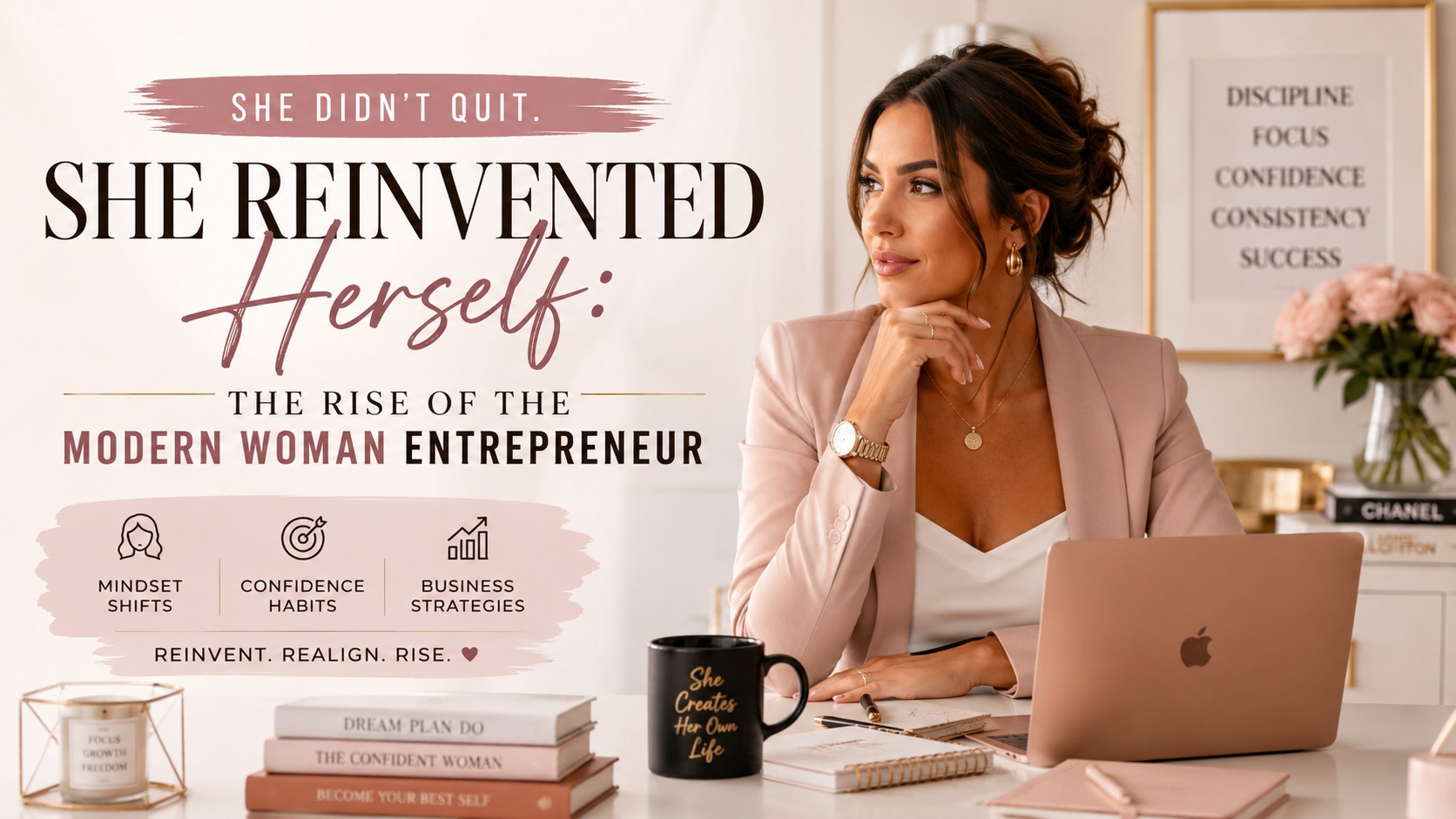 Modern woman entrepreneur reinventing herself while building a successful business with confidence, mindset shifts, and feminine leadership energy.